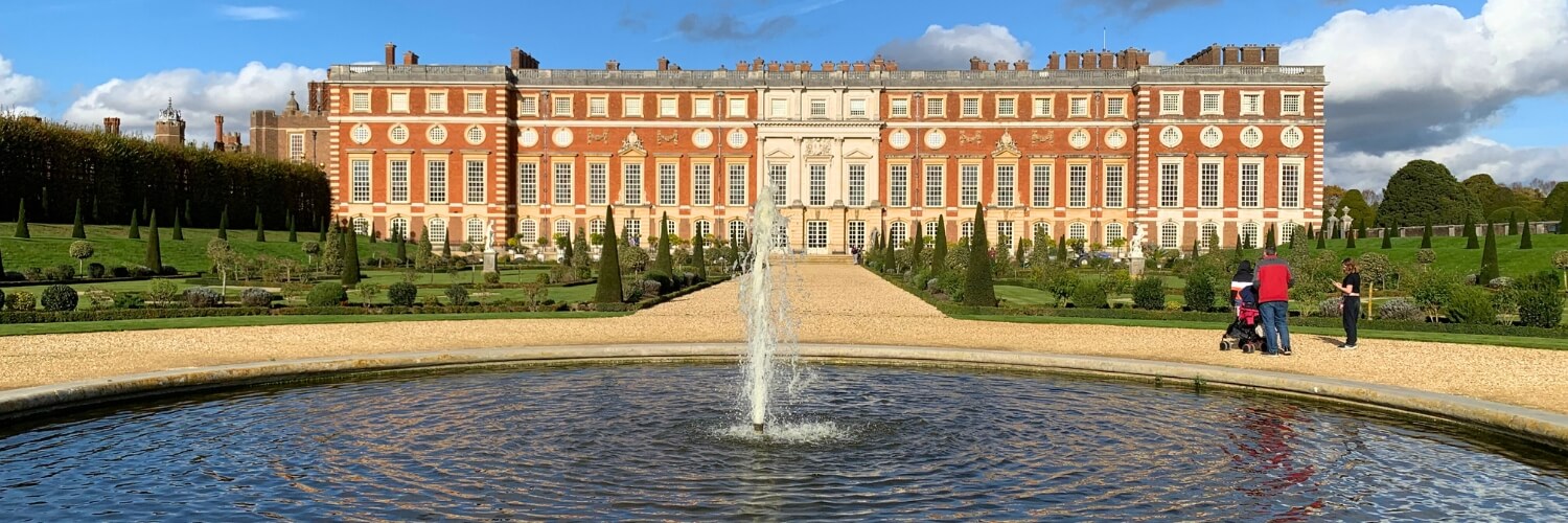 Hampton Court Palace and Gardens, fountain view.